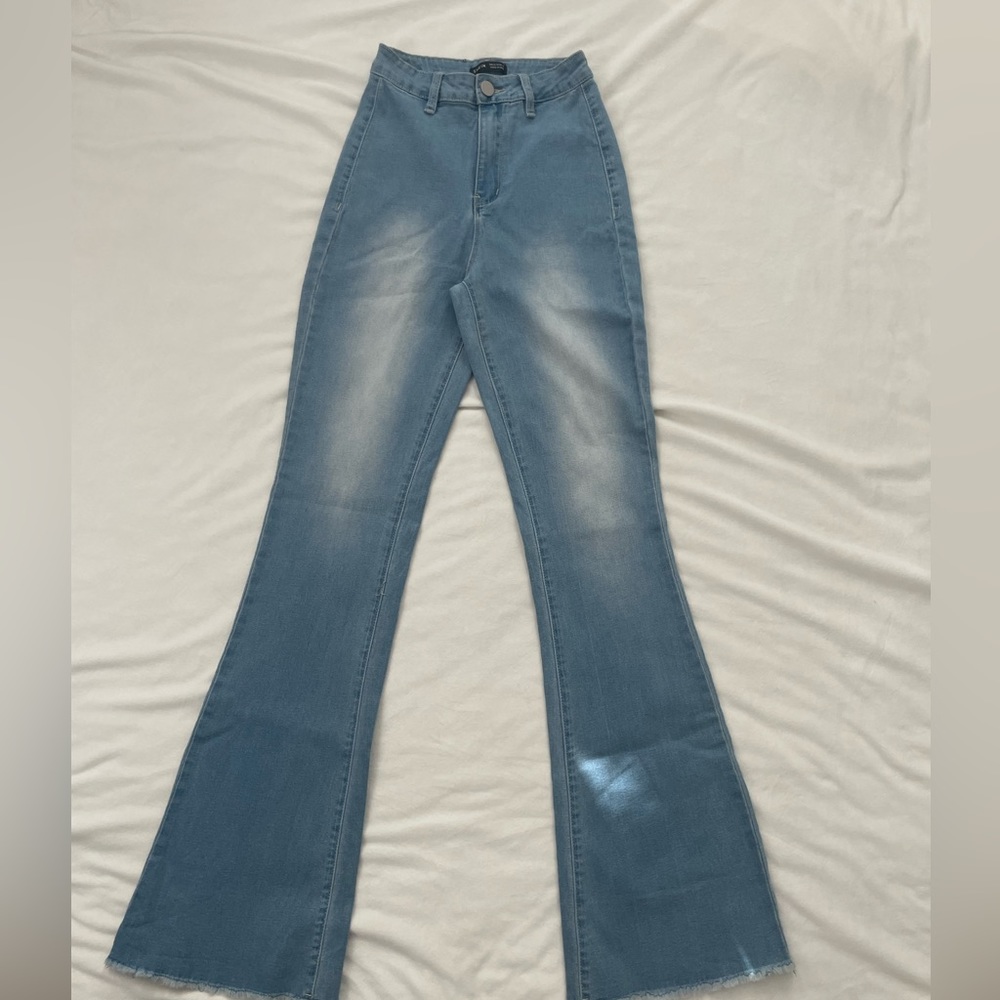 Petit High Waisted Bell Bottom Denim Jeans Raw Hem